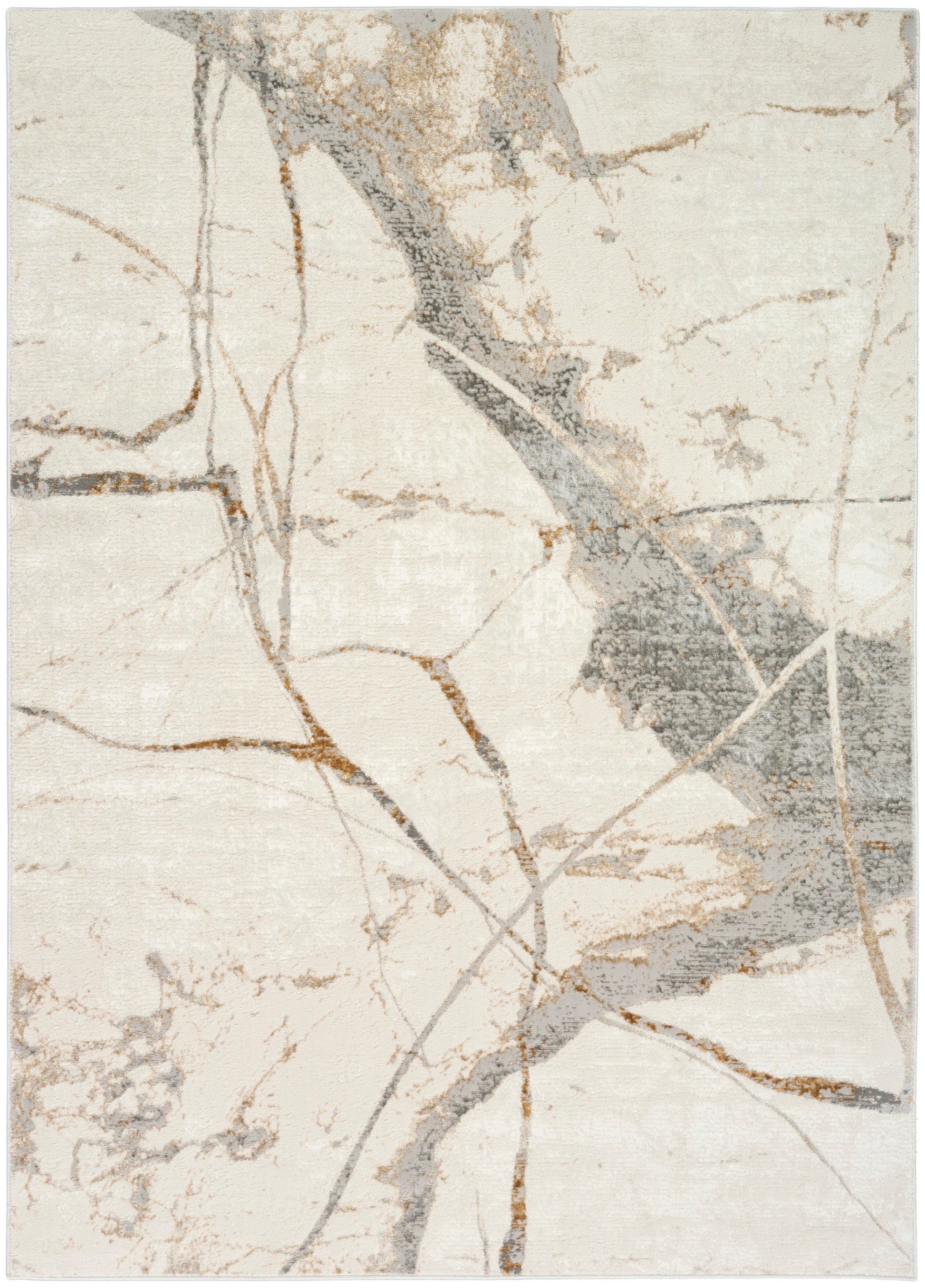 Rectangular abstract marble-pattern rug in cream, beige, gray and bronze tones; modern, soft texture for living rooms.