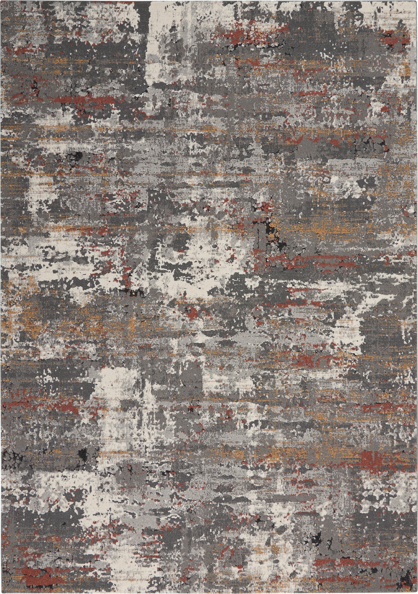 Rectangular abstract area rug with distressed gray, white, rust, black and tan patches.
