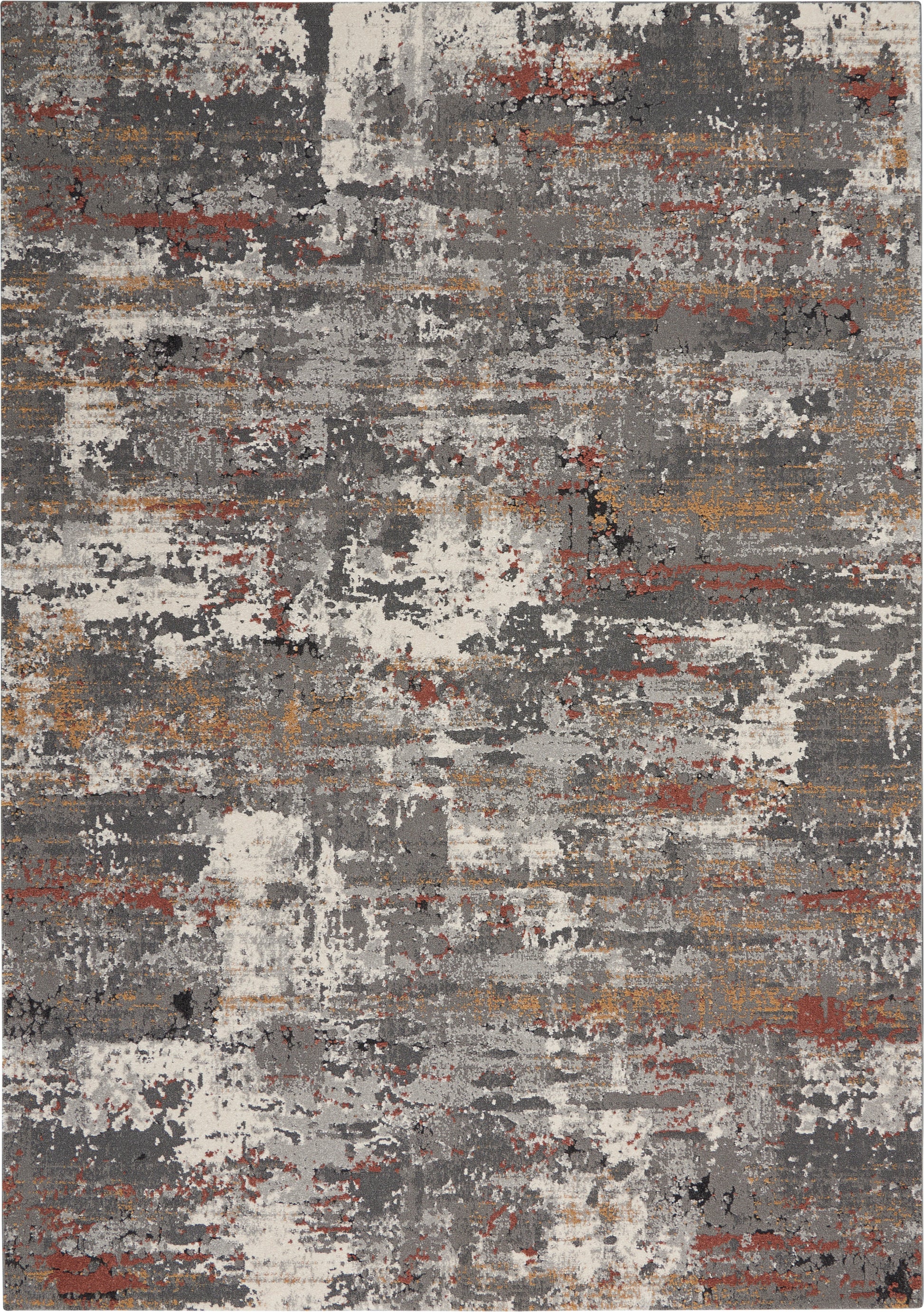 Rectangular abstract area rug with distressed gray, white, rust, black and tan patches.