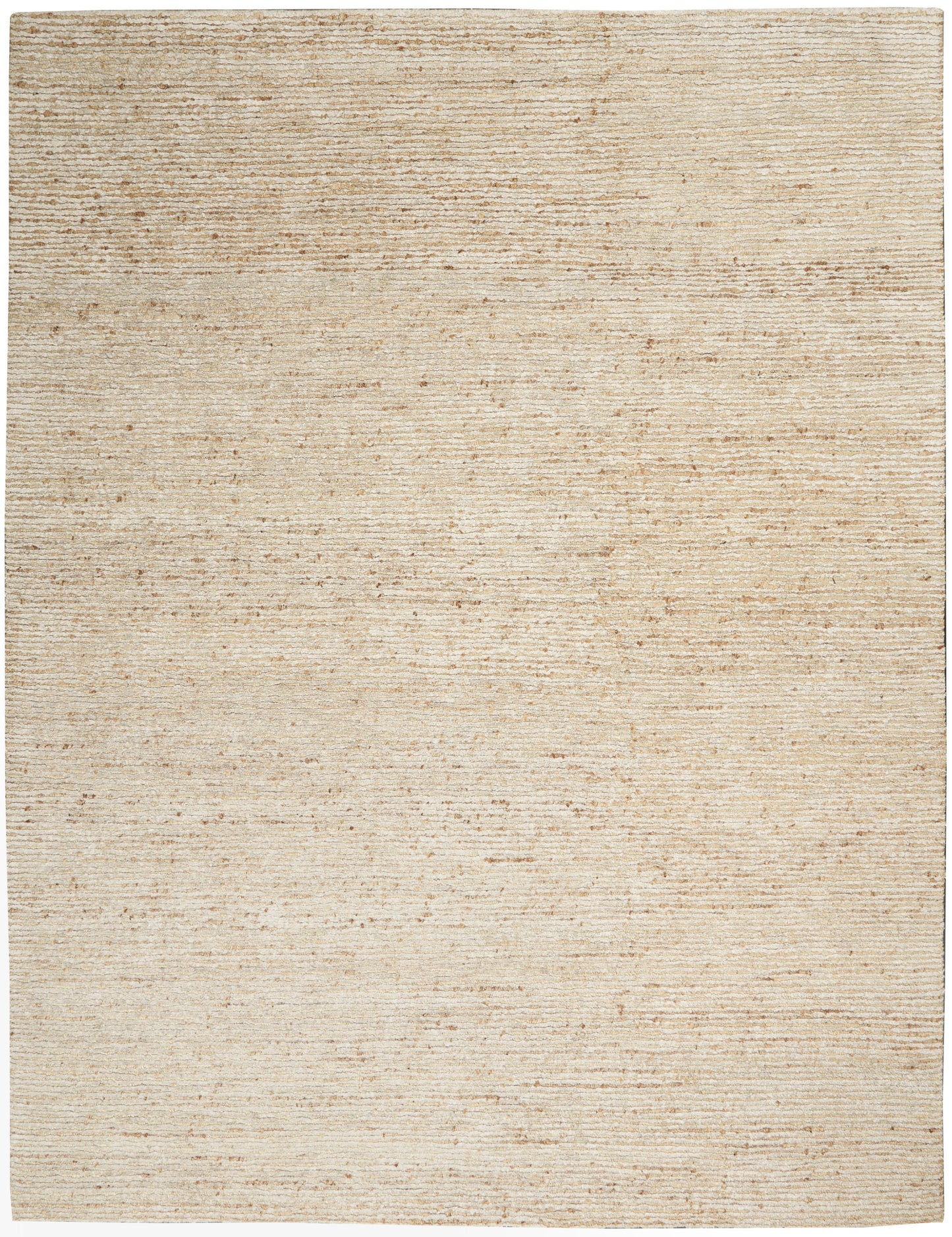 Beige flat-weave rug with subtle horizontal tonal stripes; neutral, minimalist area rug for living room or bedroom.