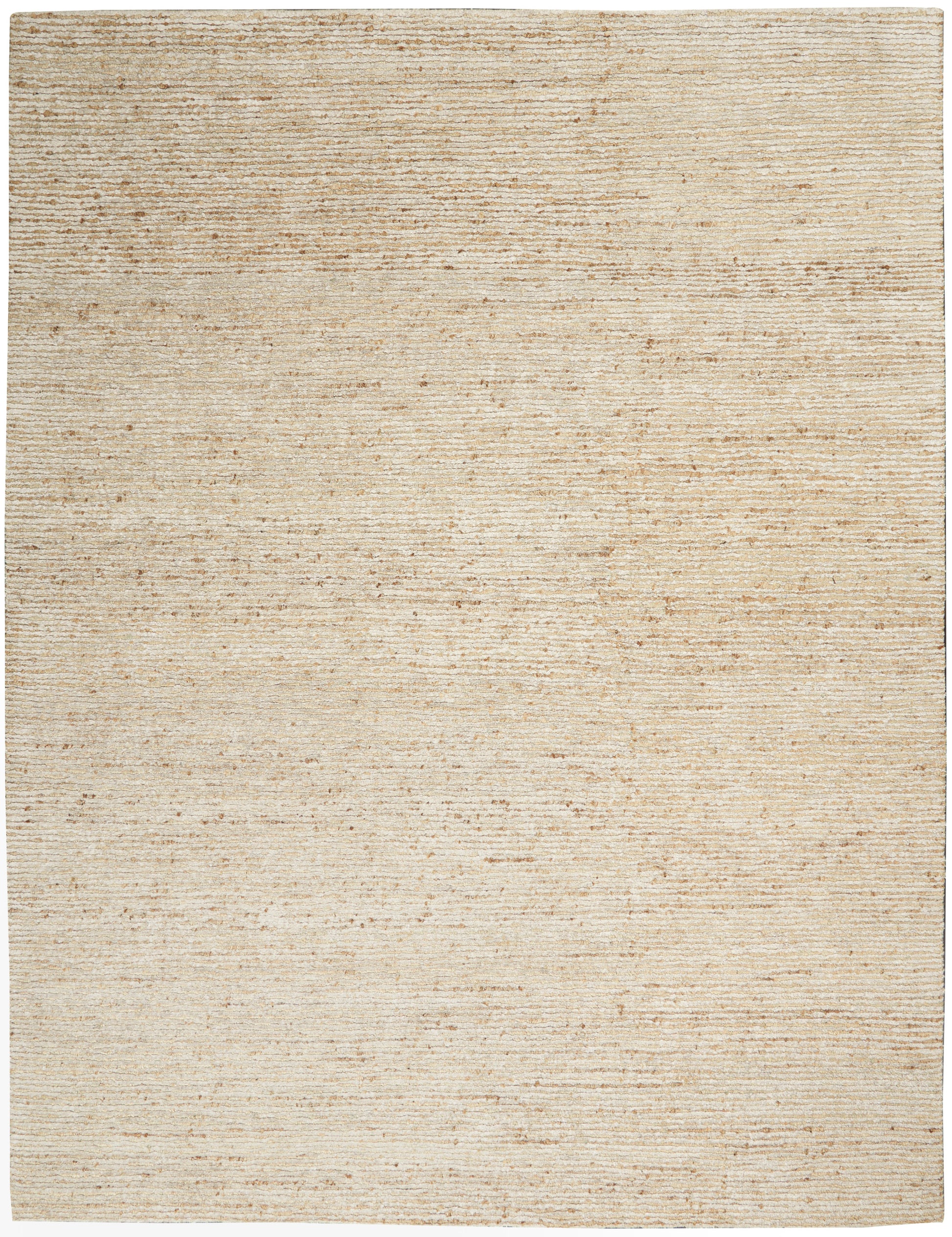 Beige flat-weave rug with subtle horizontal tonal stripes; neutral, minimalist area rug for living room or bedroom.