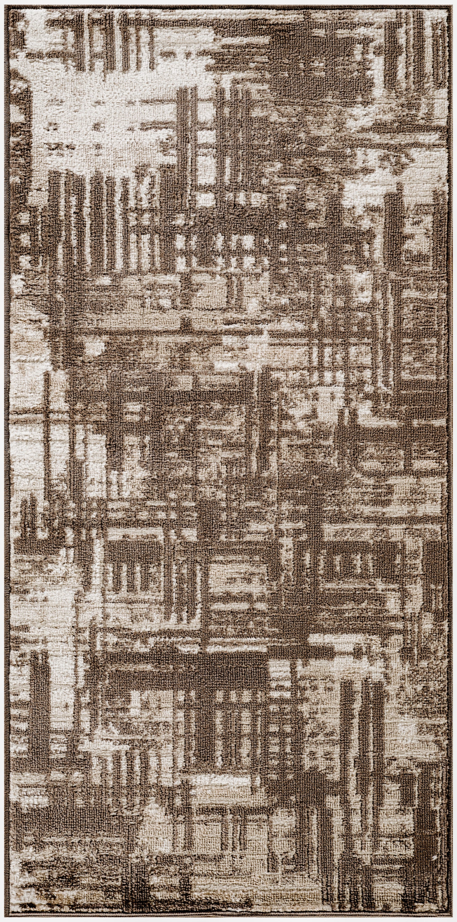 Rectangular beige and brown decorative rug with abstract grid pattern, woven texture.
