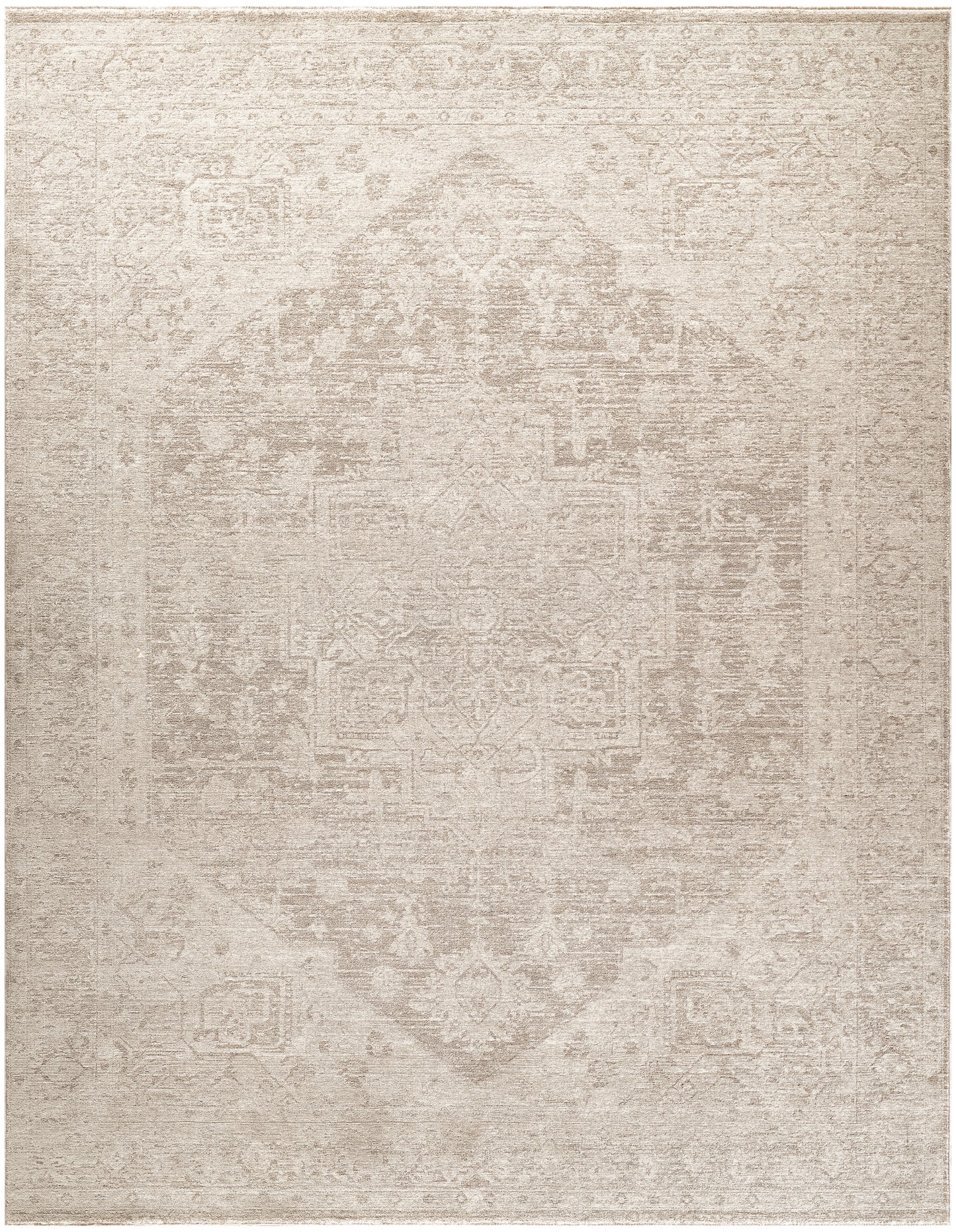 Beige distressed oriental rug with a faded central medallion and ornate border in creamy tones.