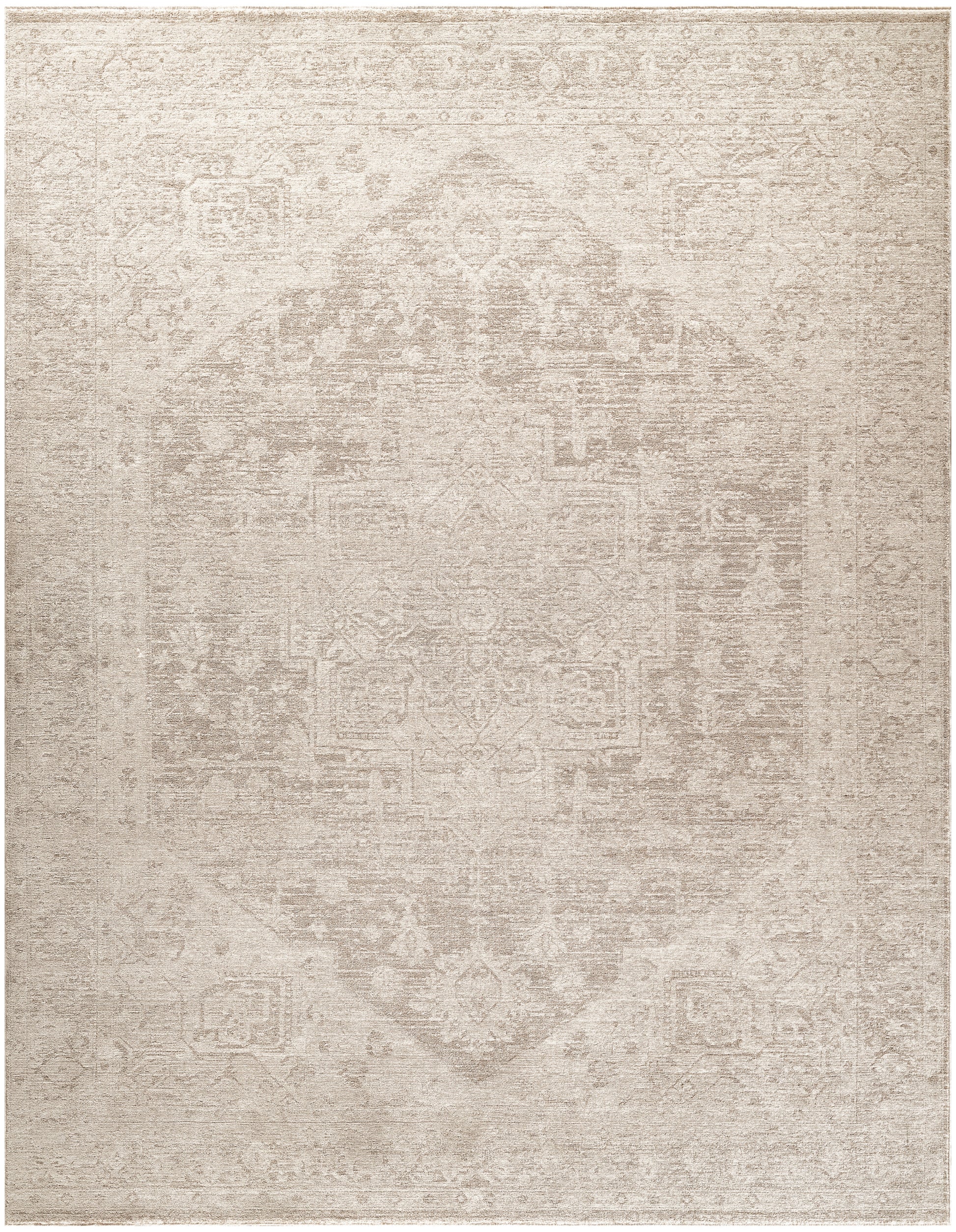 Beige distressed oriental rug with a faded central medallion and ornate border in creamy tones.