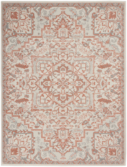 Cream-beige oriental rug with coral central medallion, intricate floral motifs, vintage distressed Persian-inspired design.