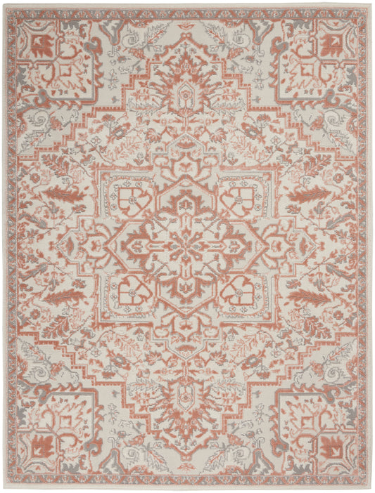 Cream-beige oriental rug with coral central medallion, intricate floral motifs, vintage distressed Persian-inspired design.