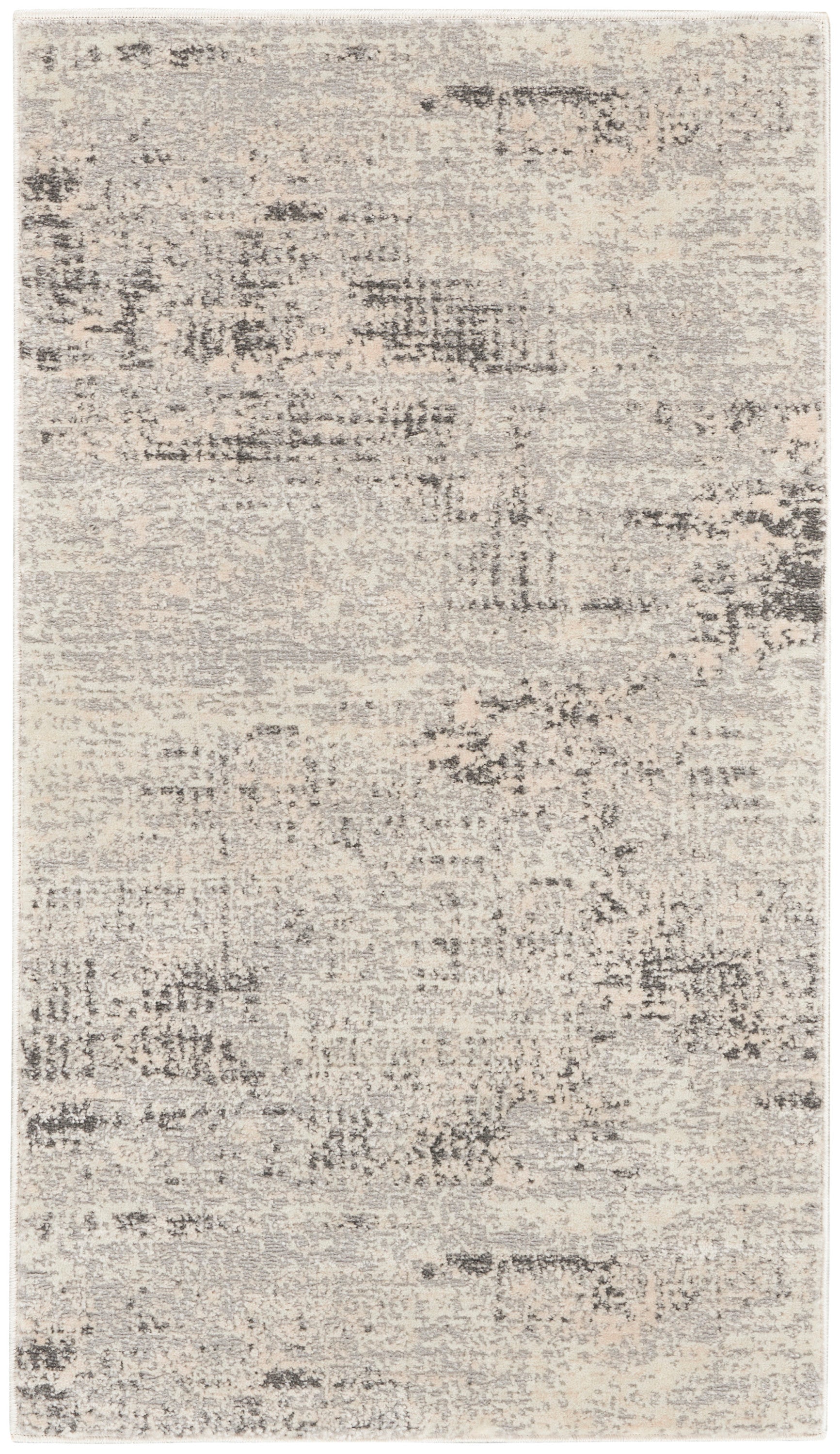 Neutral beige and gray abstract distressed rug with a vintage wash, rectangular area rug for living spaces