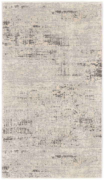Neutral beige and gray abstract distressed rug with a vintage wash, rectangular area rug for living spaces