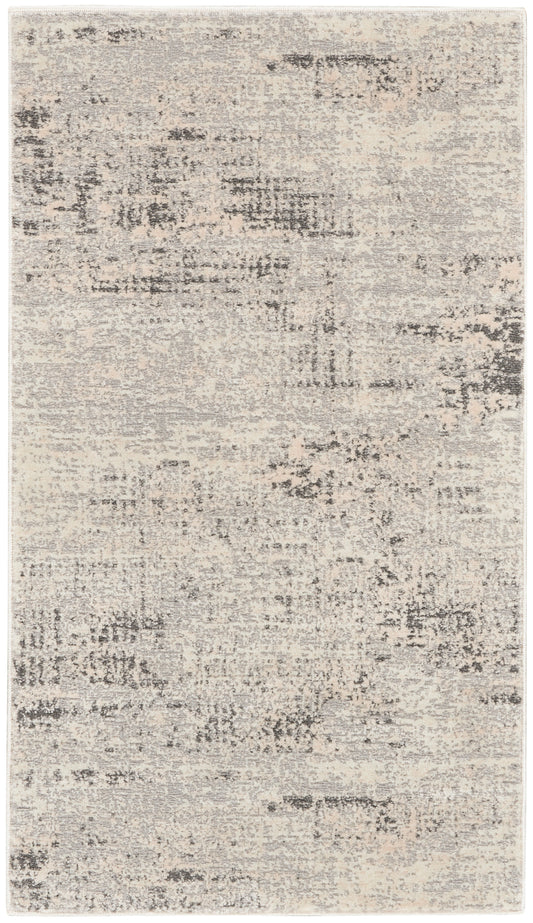 Neutral beige and gray abstract distressed rug with a vintage wash, rectangular area rug for living spaces