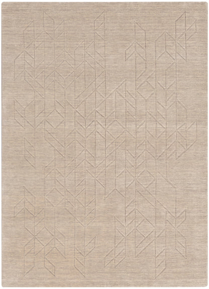 Beige woven rug with subtle geometric line pattern; linen-like texture, modern minimalist style.