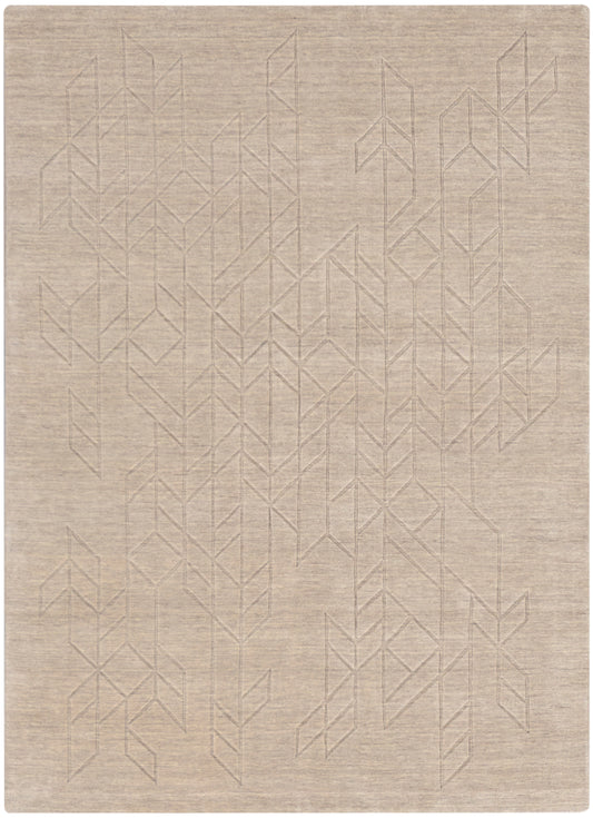 Beige woven rug with subtle geometric line pattern; linen-like texture, modern minimalist style.