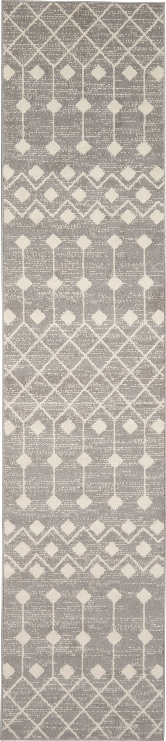 Grey geometric runner rug with white lattice & diamond motifs; woven texture, long hallway decor.