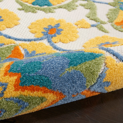 Colorful floral shag rug runner with yellow flowers, blue and green leaves, thick pile on dark wooden floor.