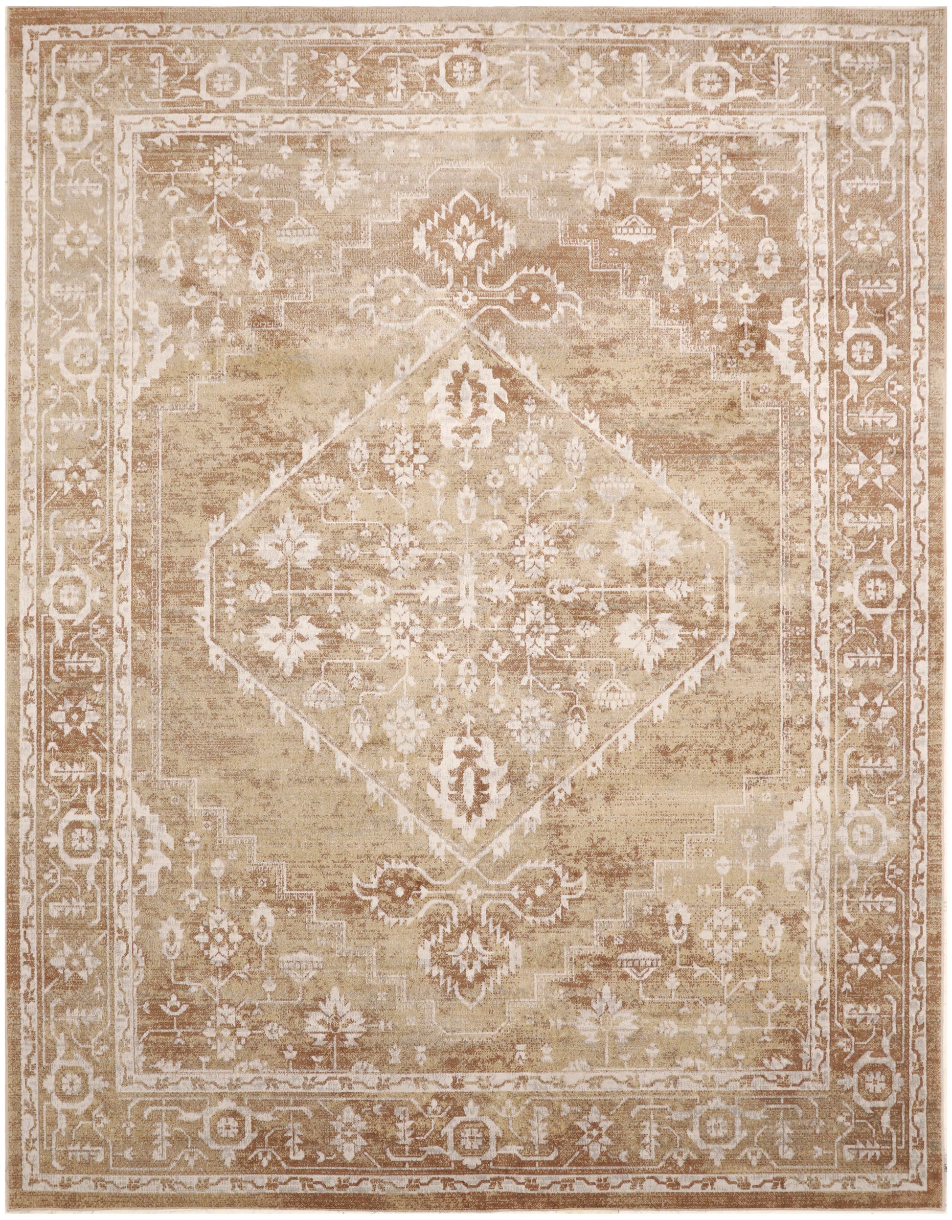 Beige distressed oriental rug with central diamond medallion, ornate cream border, vintage-style decor for living rooms.
