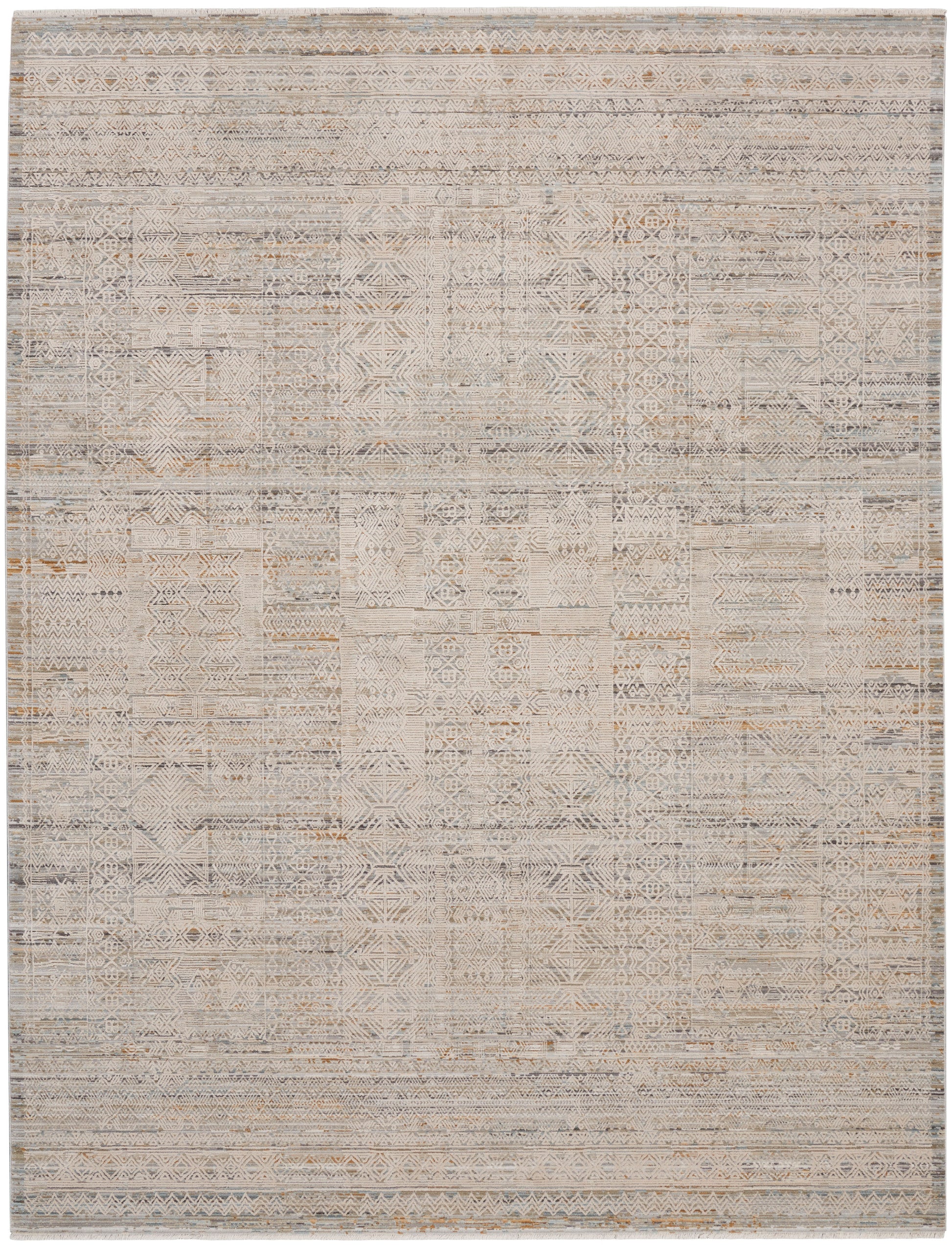 Neutral distressed area rug with patchwork geometric tribal motifs in beige, ivory and gray, with subtle tan accents.