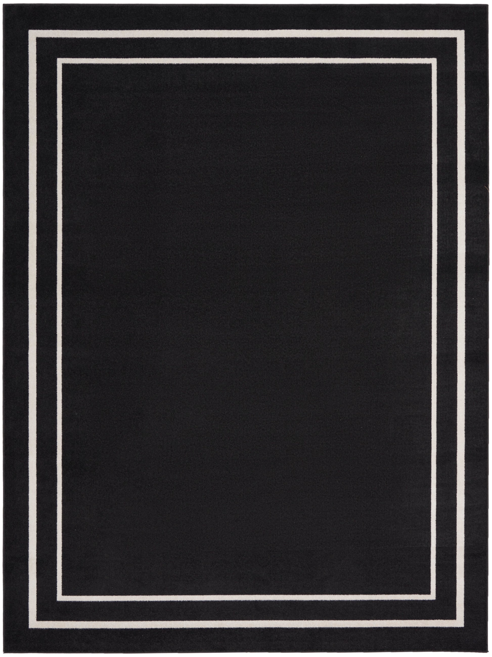 Black rug with white nested rectangular borders along the edges; modern geometric frame design.