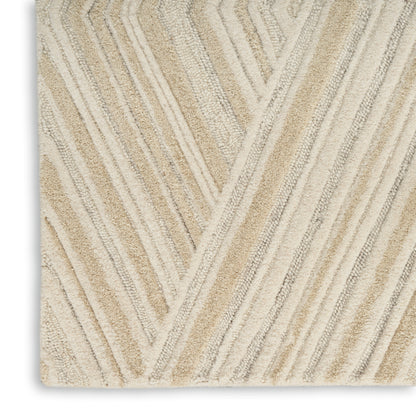 Beige textured 8' runner rug with ivory chevron stripes and plush looped pile.