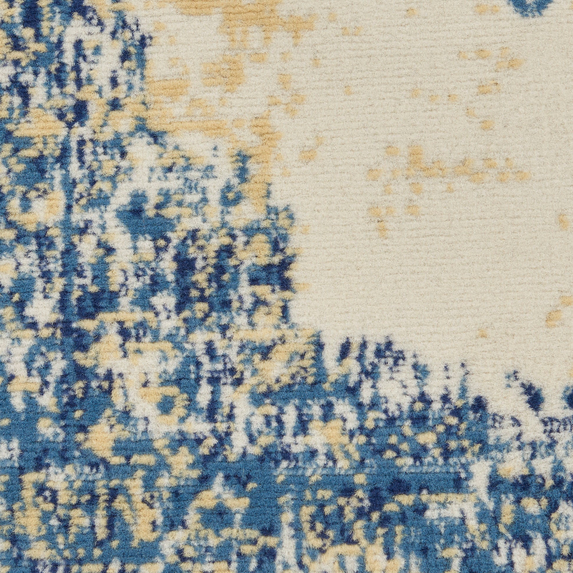 Abstract blue and tan vintage 6' runner rug with a cream background; textured woven pattern for contemporary living spaces.