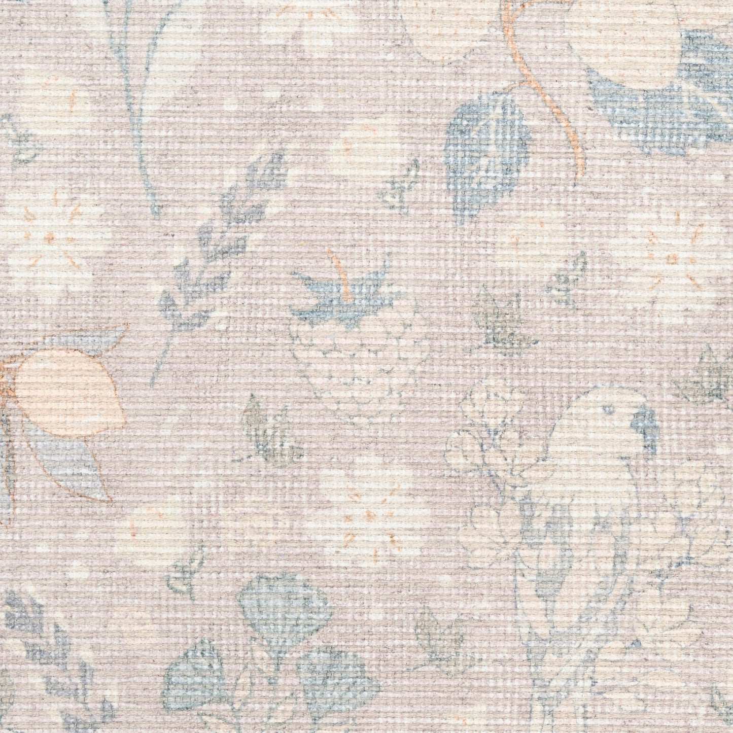Pastel floral woven rug with beige background, featuring blue and peach blossoms and a soft textured surface.