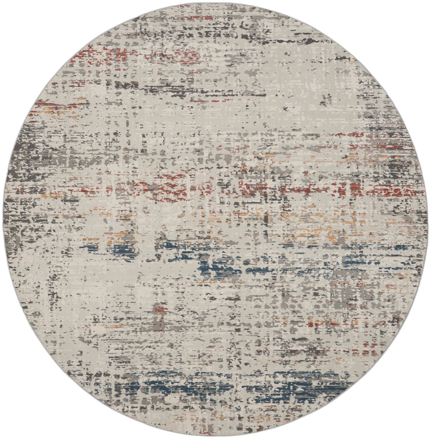 Round rug with distressed abstract pattern in beige, gray, blue, red and orange tones.