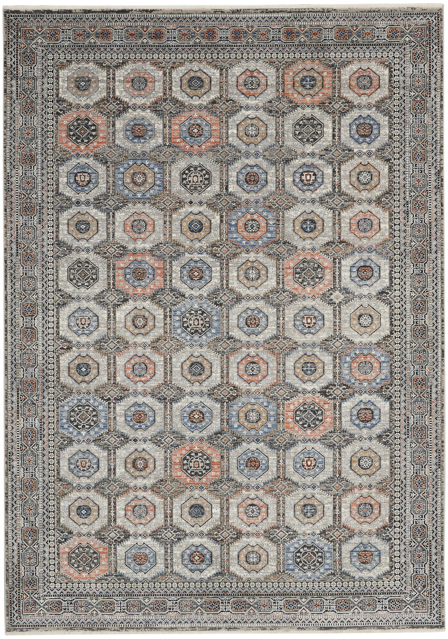 Persian-style oriental rug with multicolor octagonal medallions (blue, rust, beige) and intricate borders.