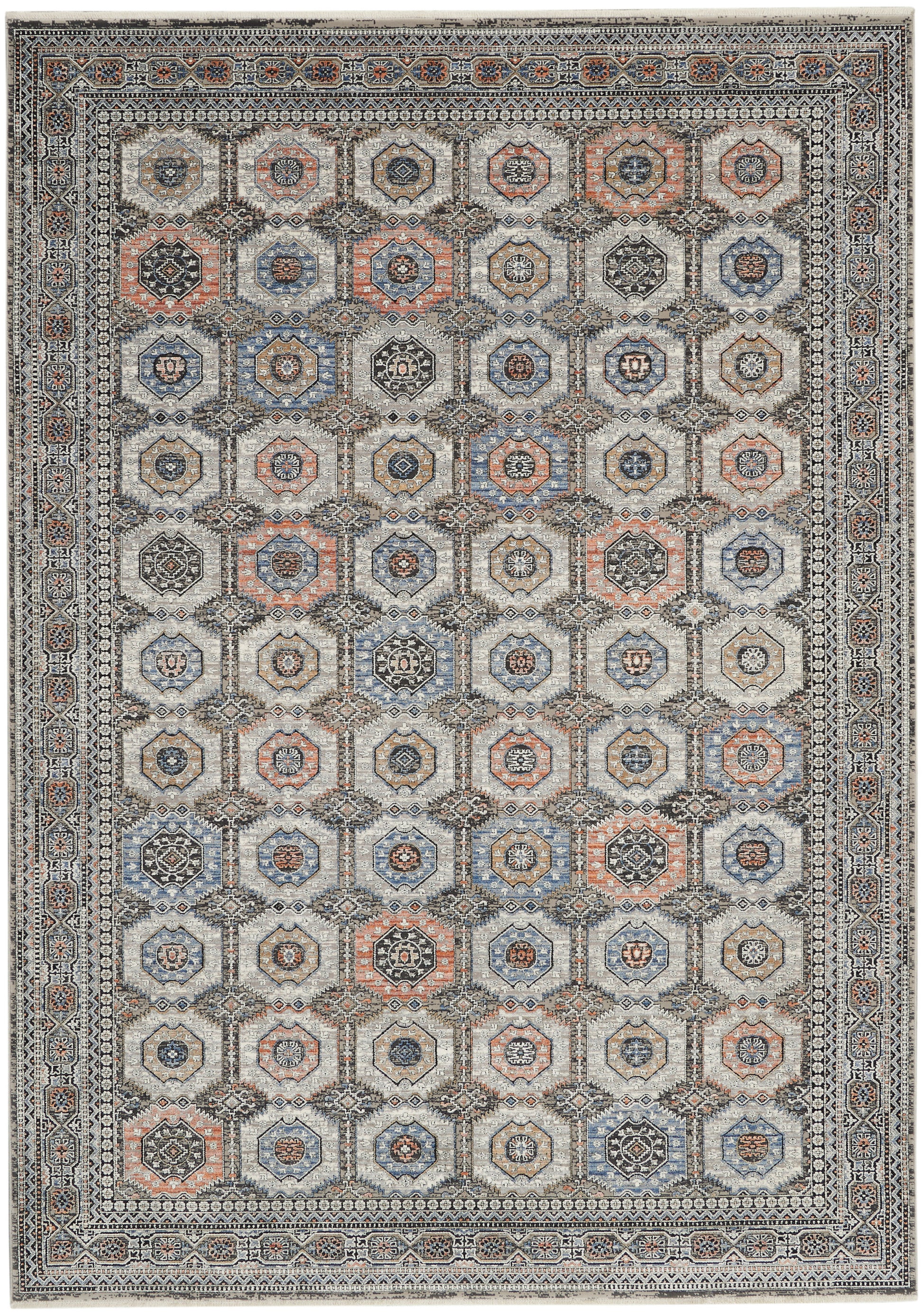Persian-style oriental rug with multicolor octagonal medallions (blue, rust, beige) and intricate borders.