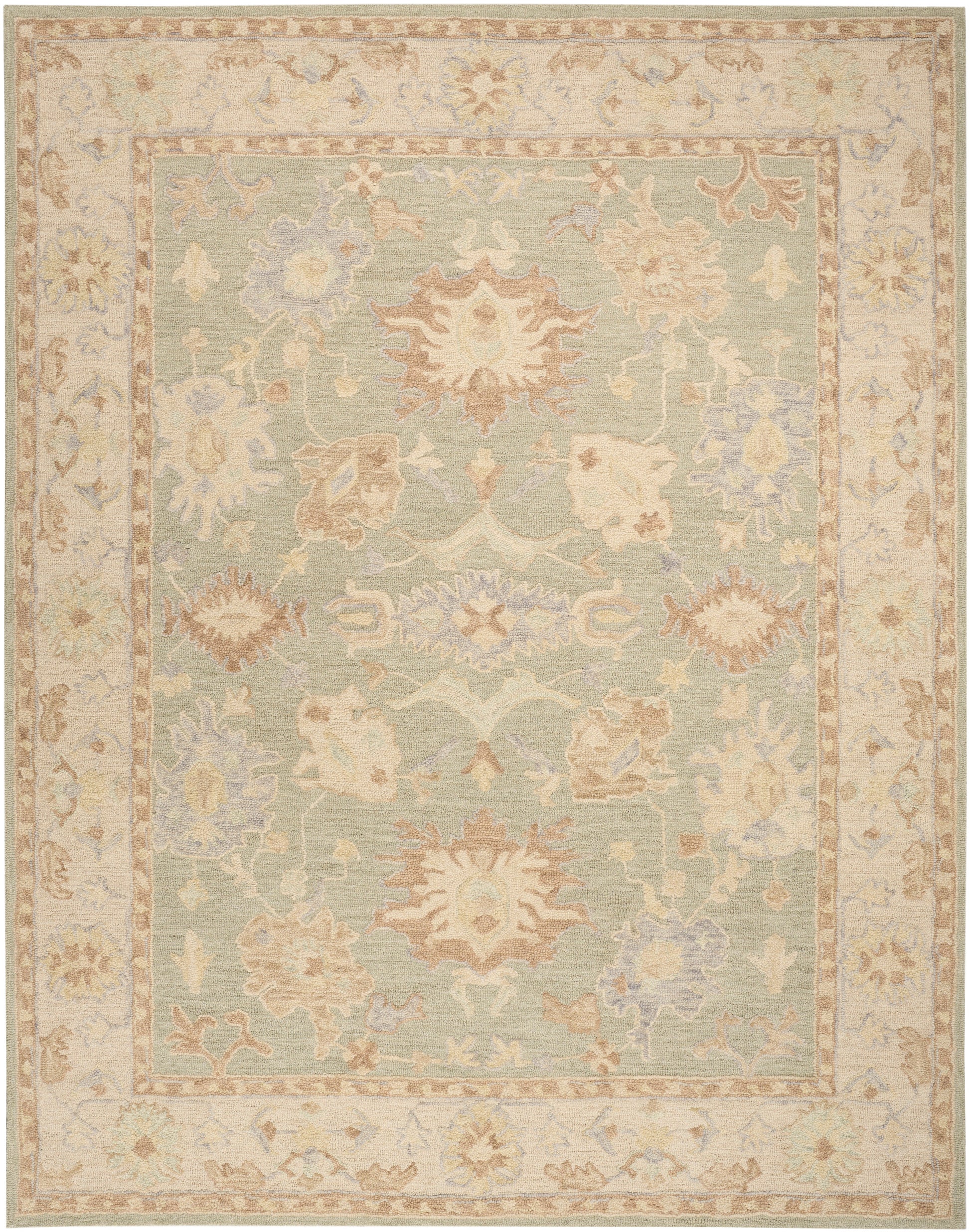Pastel Persian-style rug with pale green center, cream and peach floral motifs and beige border.