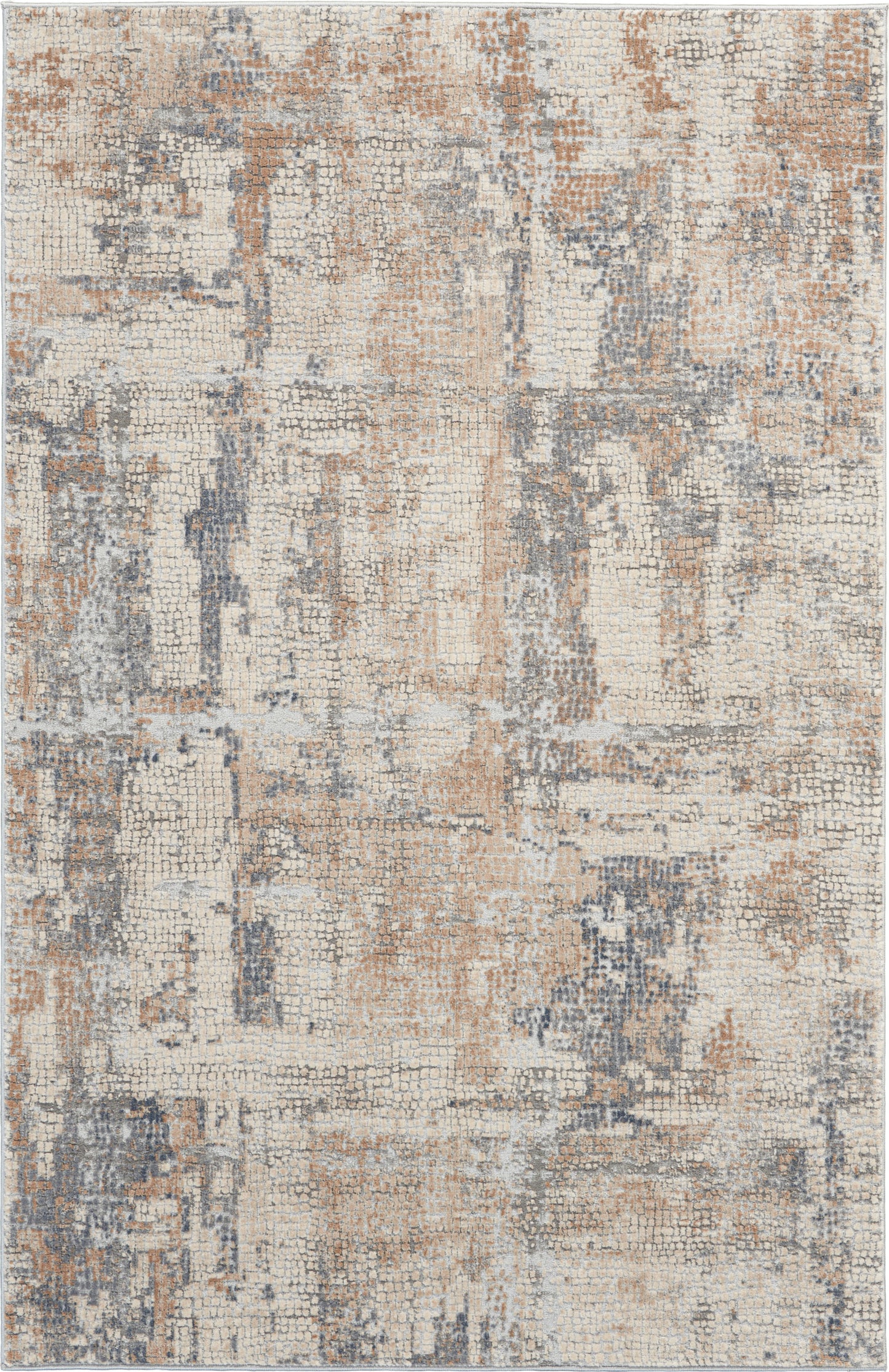 Rectangular distressed abstract rug in cream, beige and gray-blue tones with a soft textured pile.