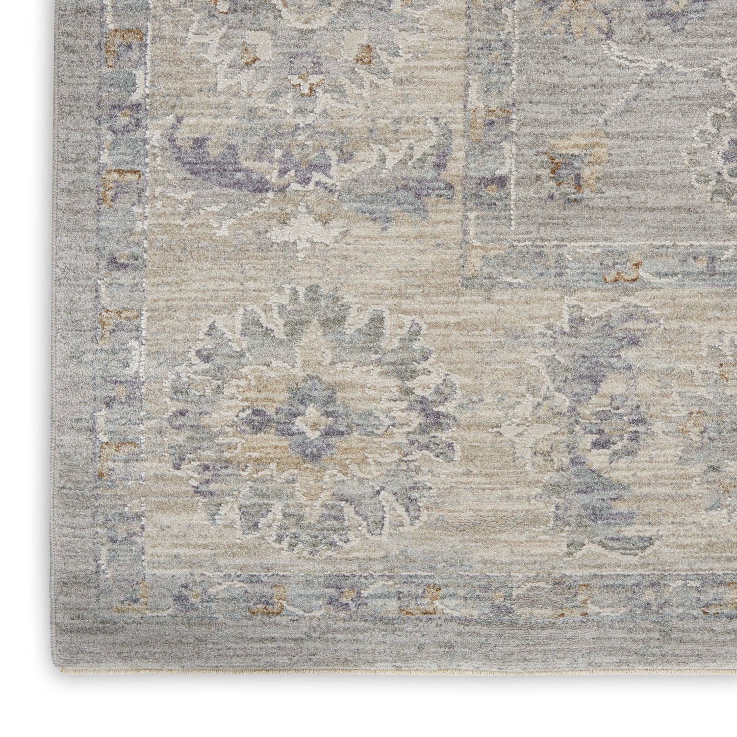 Muted gray-beige 10' runner rug with lilac accents, ornate floral pattern and decorative border.