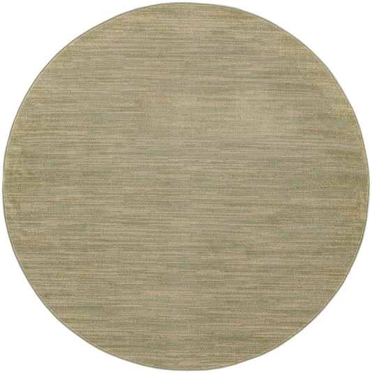 Round beige woven rug with subtle horizontal stripe texture in muted tones.
