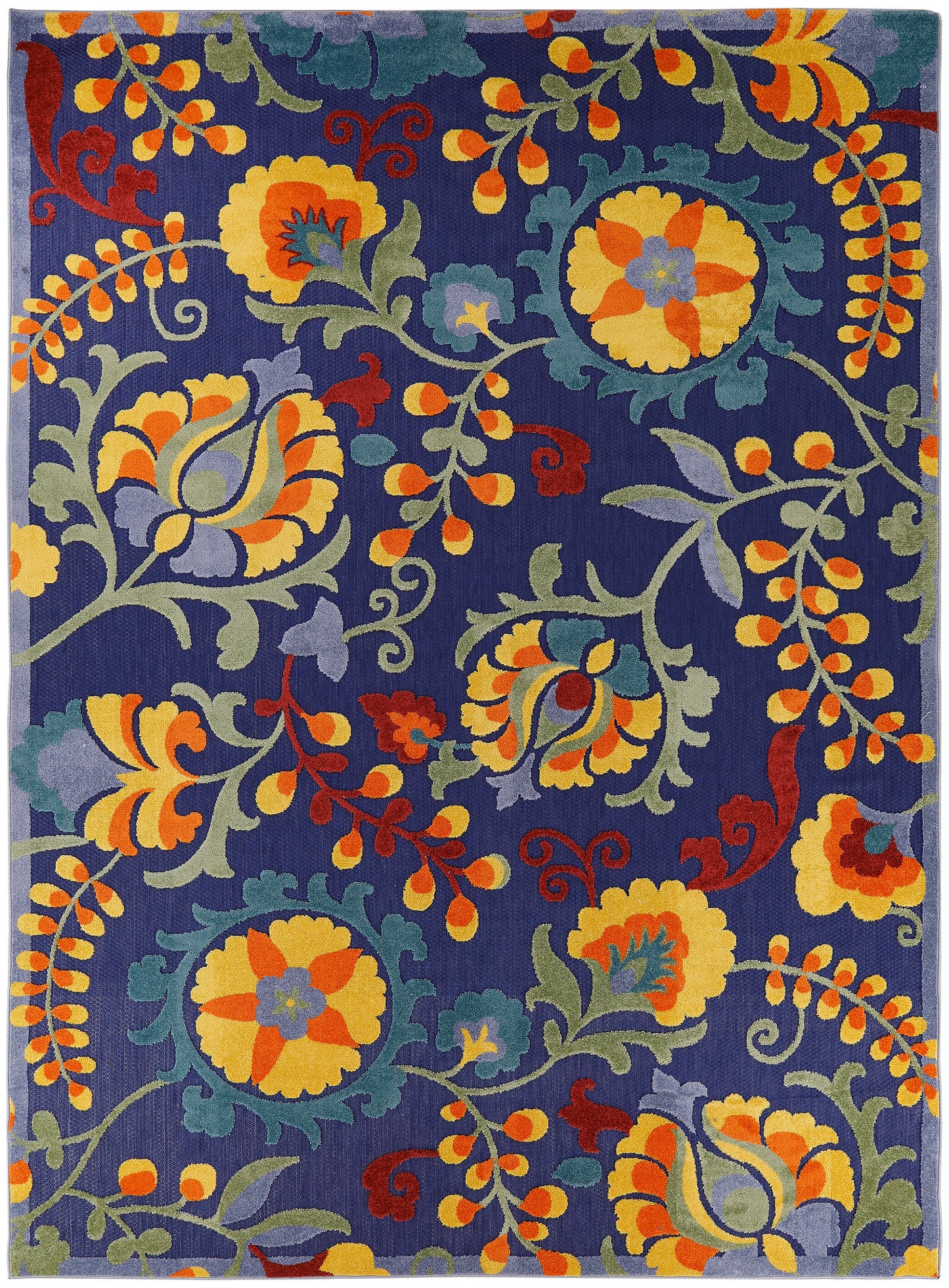 Royal blue rug with vivid yellow and orange flowers, green vines and red accents in a scrolling Jacobean floral pattern.