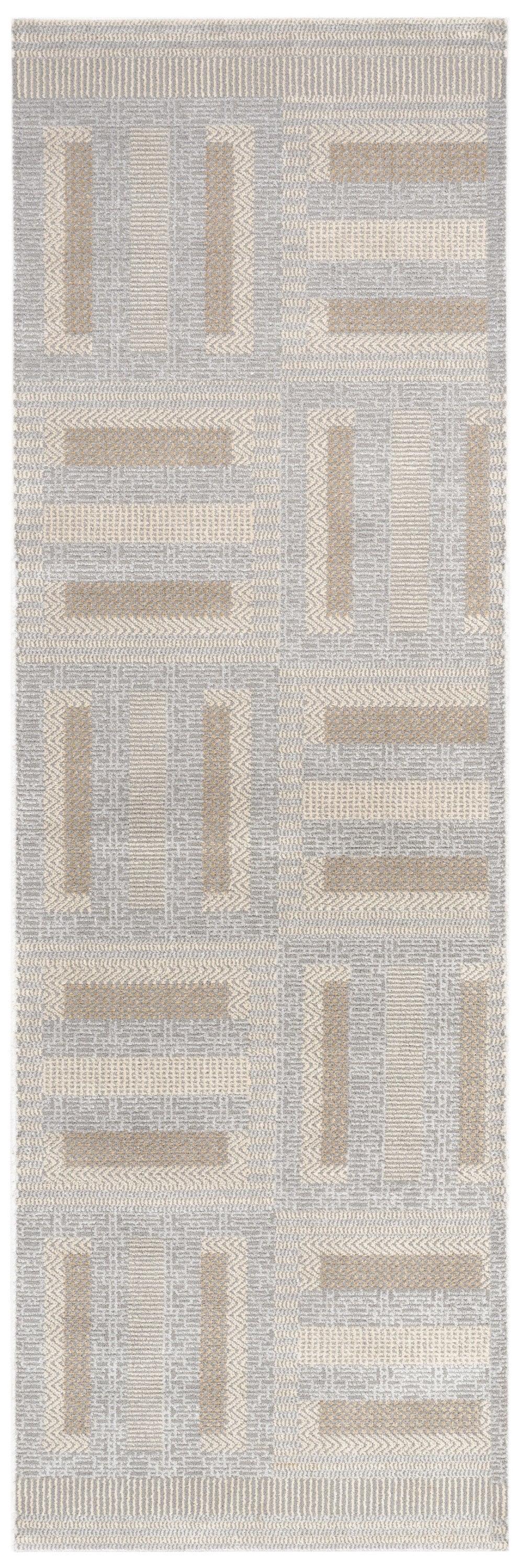 Grey and beige geometric woven runner rug with tan rectangular blocks; textured contemporary design for hallways.