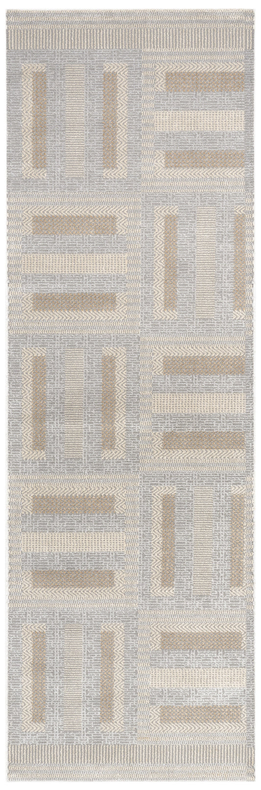 Grey and beige geometric woven runner rug with tan rectangular blocks; textured contemporary design for hallways.