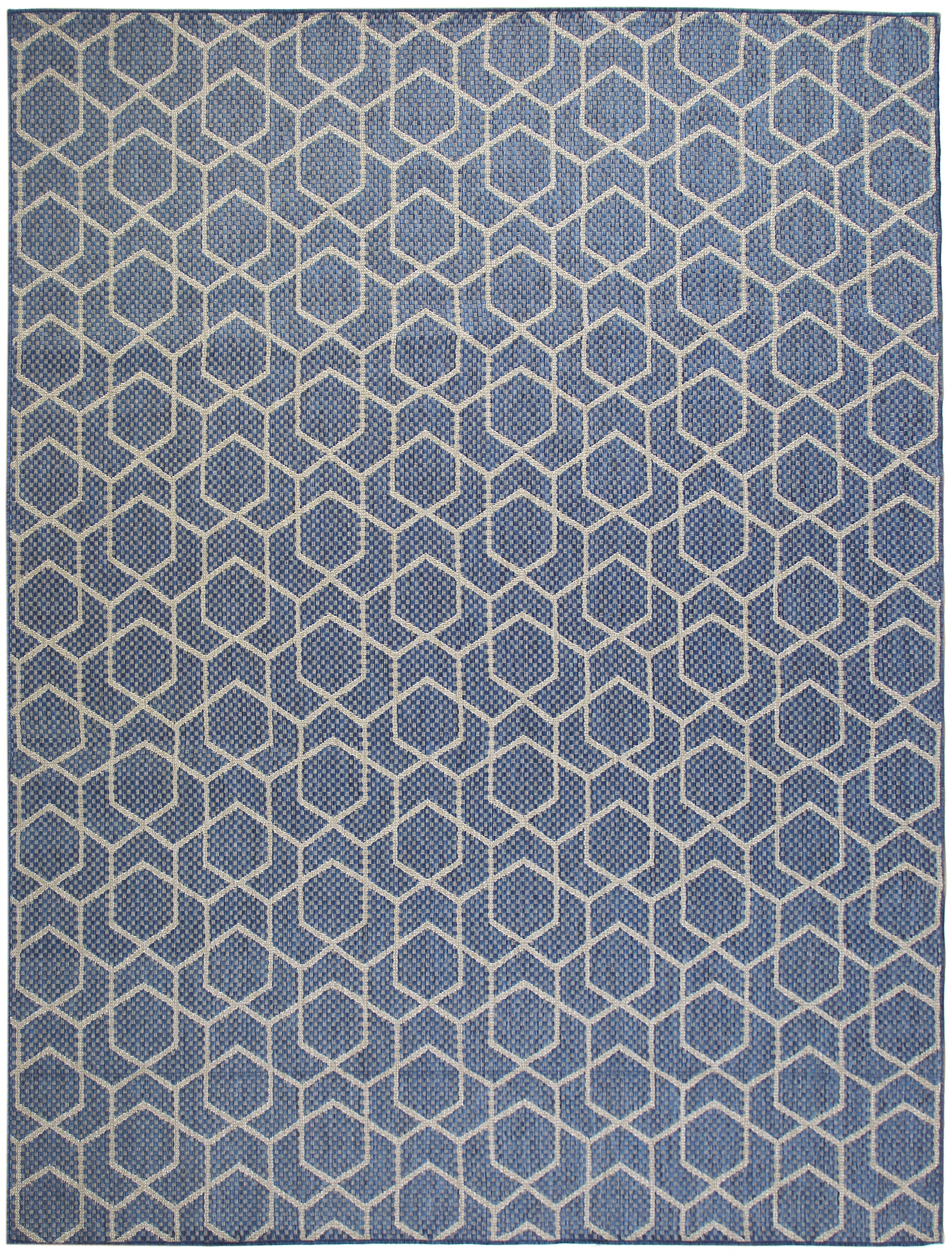 Blue woven rug with cream interlocking hexagon pattern for a modern geometric honeycomb look.