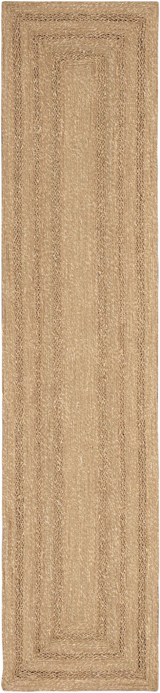 Natural beige jute runner rug with concentric rectangular braided borders and textured weave.