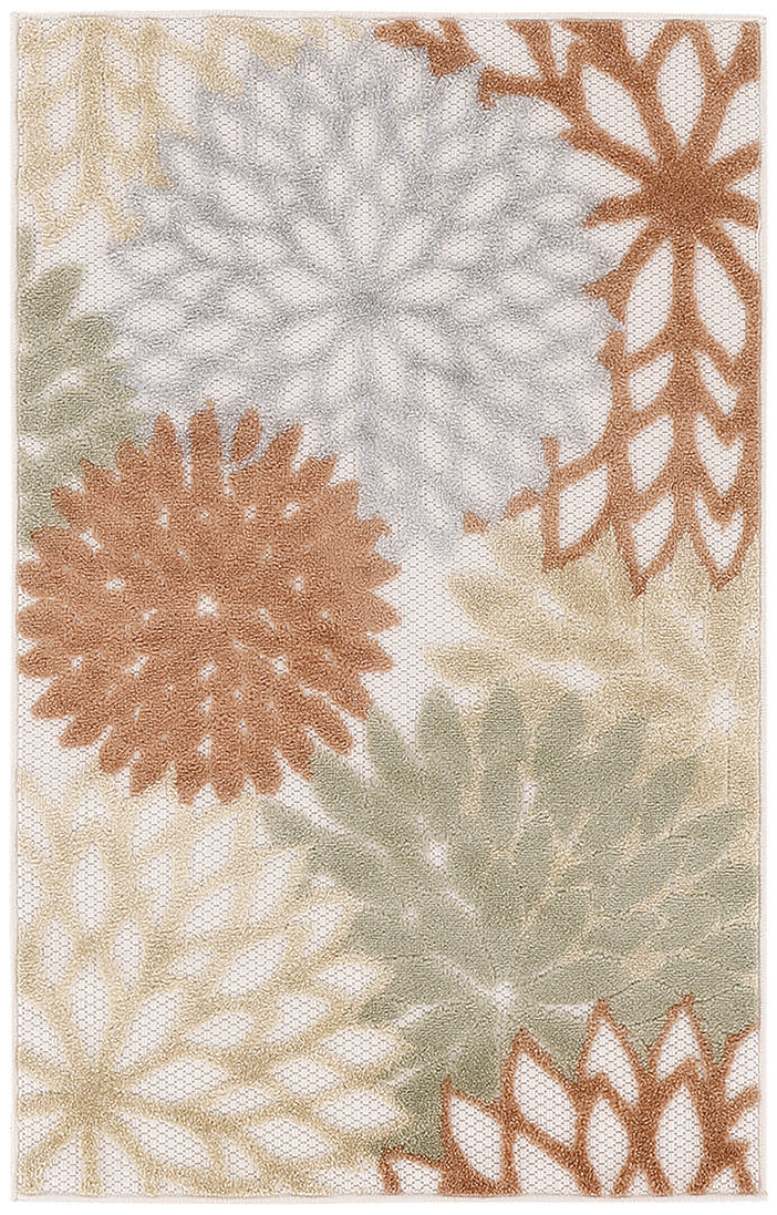 Rectangular area rug with large starburst floral medallions in cream, rust, tan, sage and gray on beige background; soft textured decor.