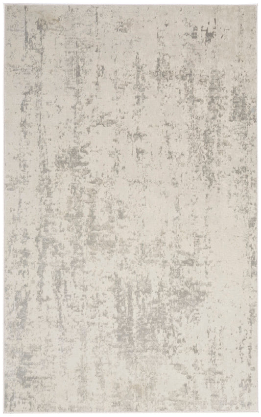 Rectangular cream area rug with subtle gray distressed pattern; modern neutral style for living spaces.