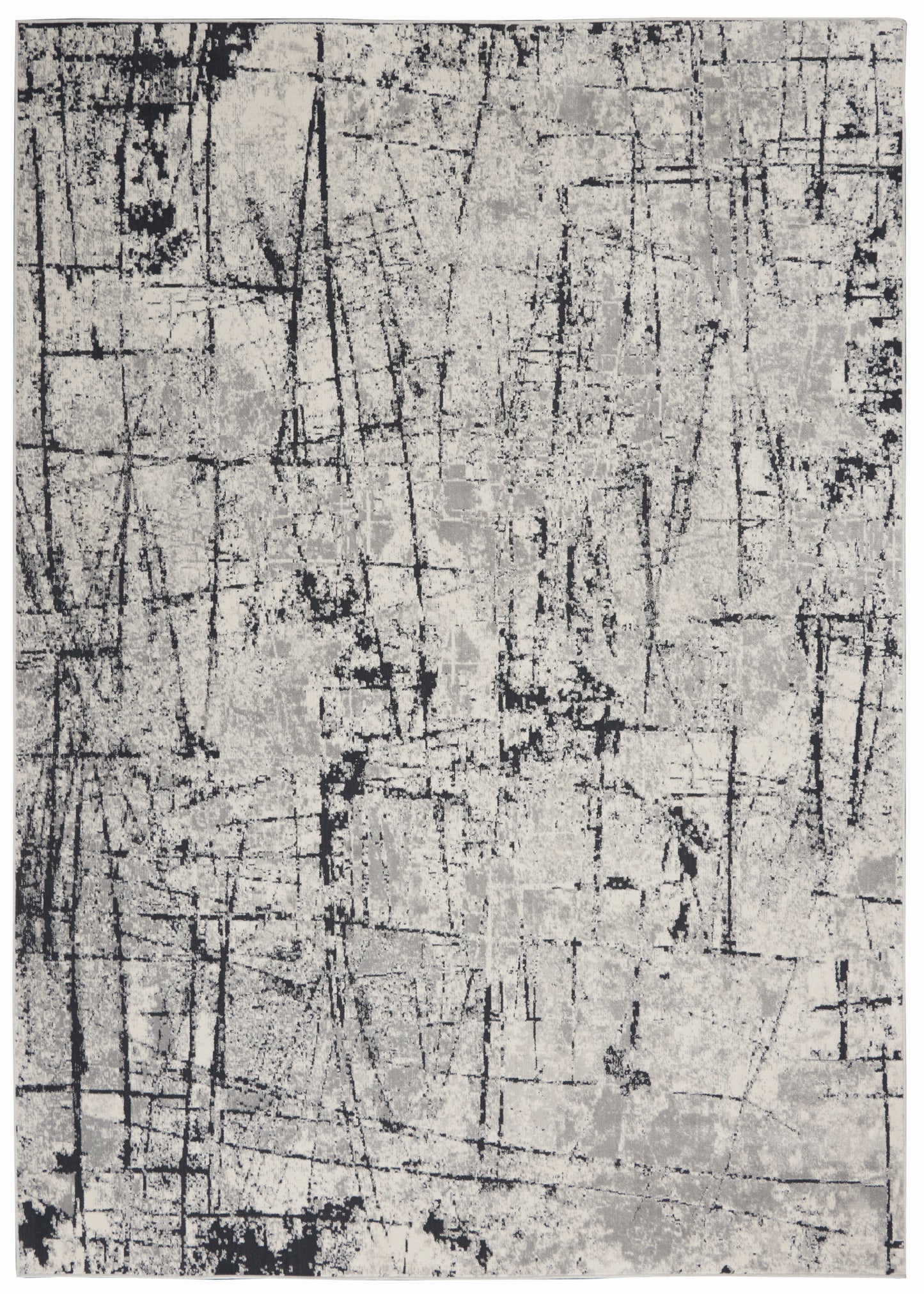 Rectangular abstract gray and black rug with scratched linear pattern; modern contemporary living room rug.