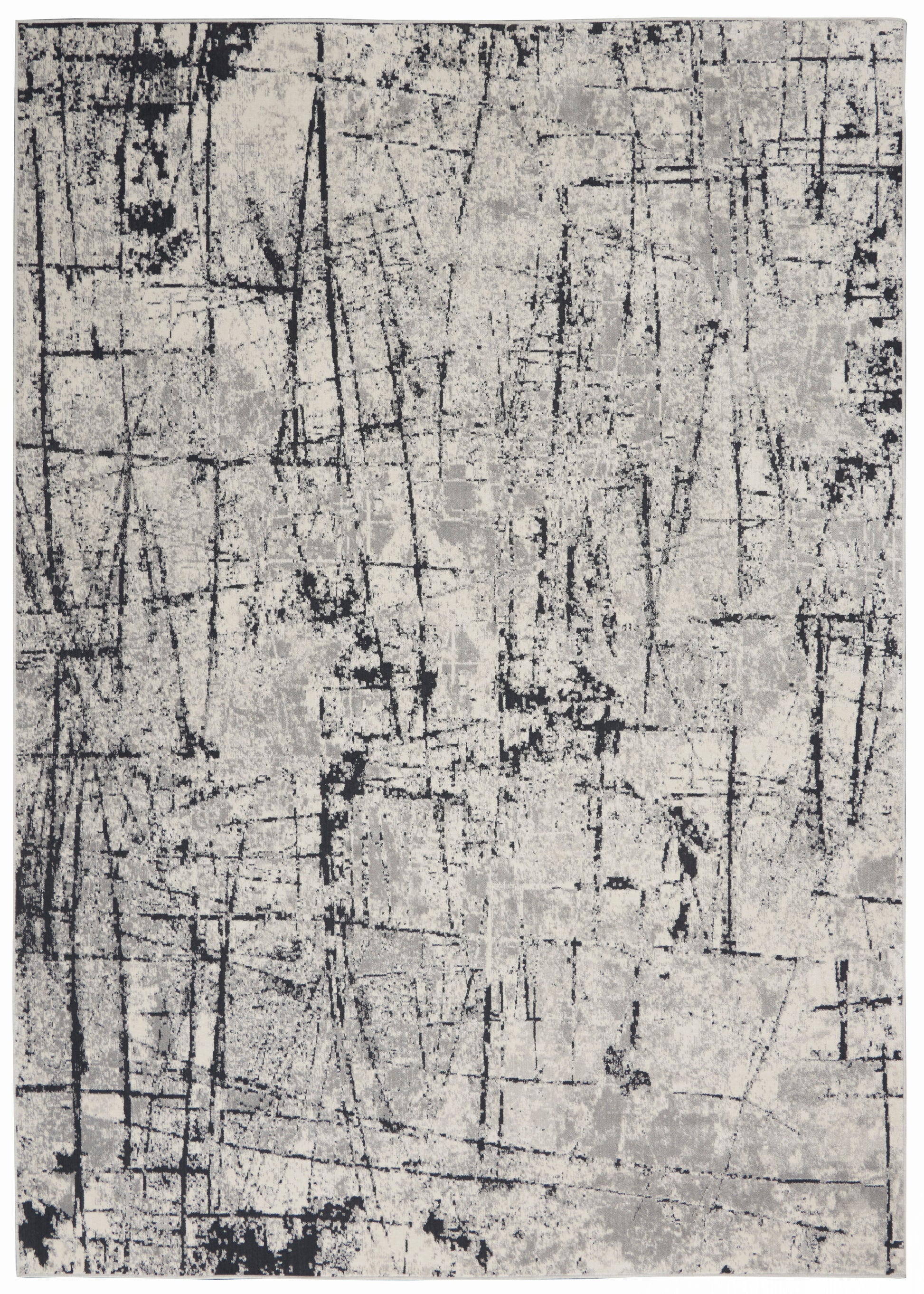 Rectangular abstract gray and black rug with scratched linear pattern; modern contemporary living room rug.