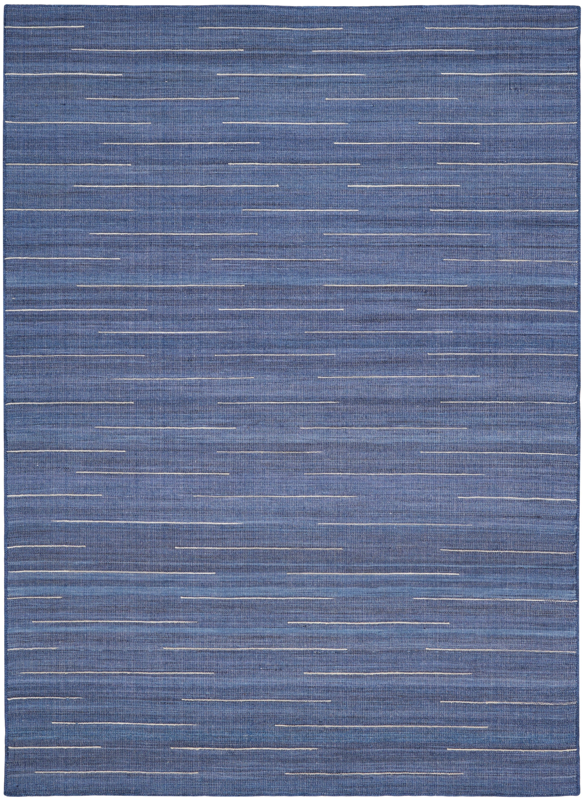 Blue woven rug with thin pale horizontal dash lines for a modern, casual look.