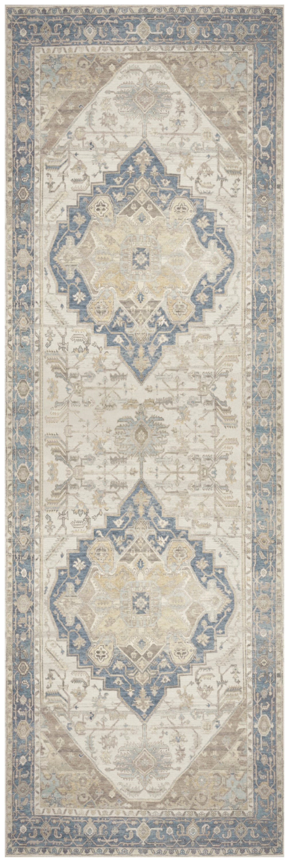 Narrow beige runner rug with blue-gray medallions and intricate borders in Persian/Oriental style.