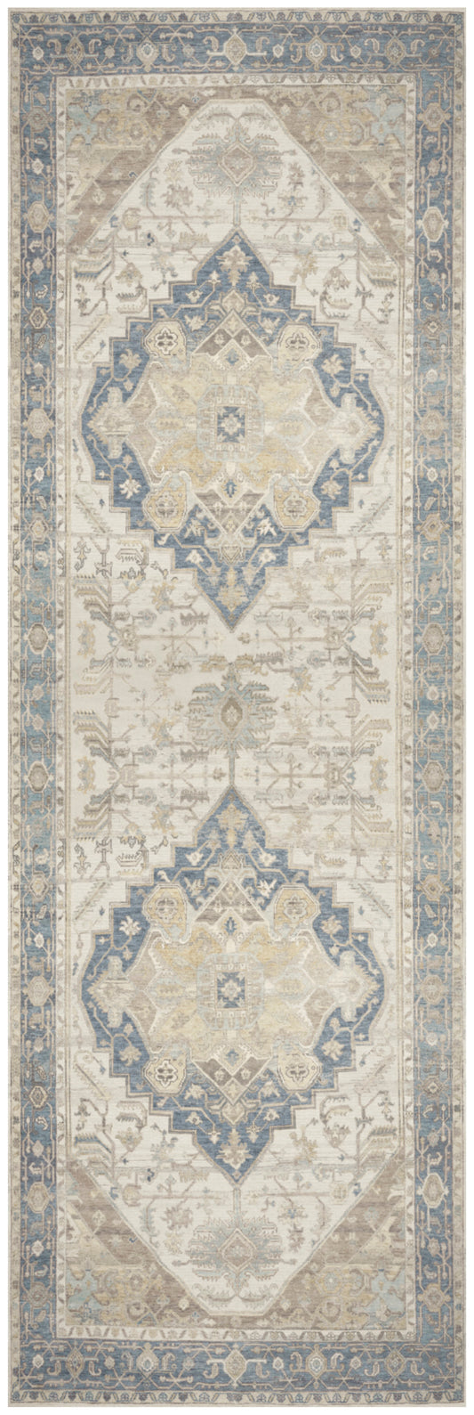Narrow beige runner rug with blue-gray medallions and intricate borders in Persian/Oriental style.
