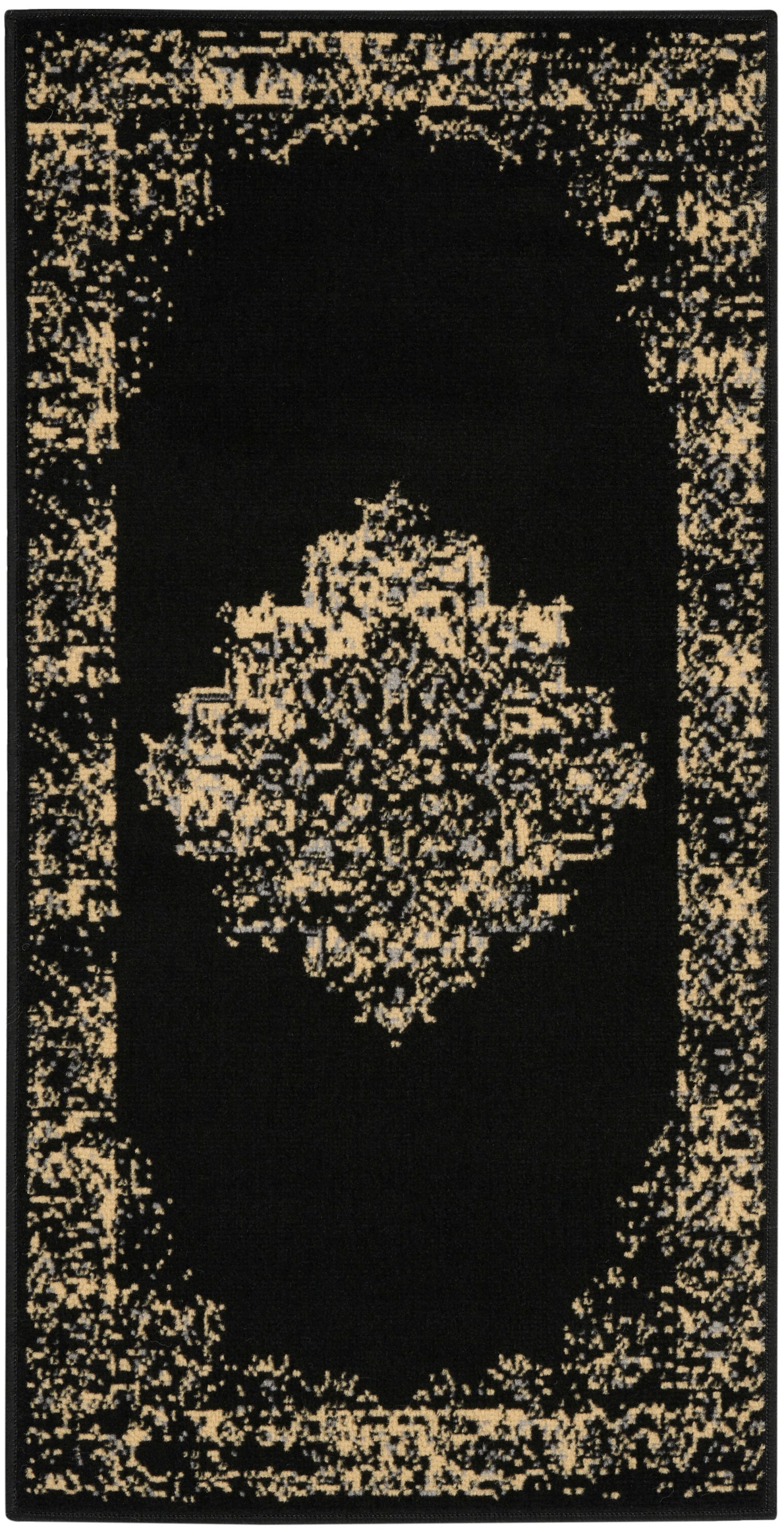 Black rectangular rug with a gold-beige ornate border and a central medallion in a traditional Persian style.