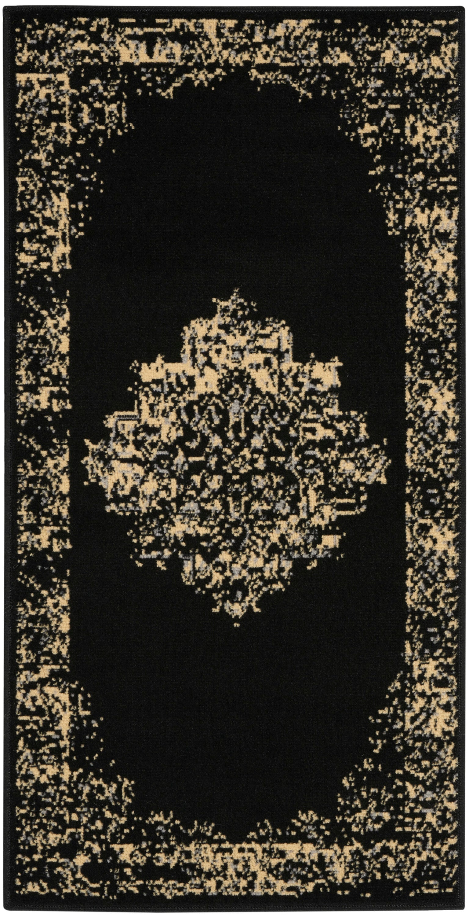 Black rectangular rug with a gold-beige ornate border and a central medallion in a traditional Persian style.