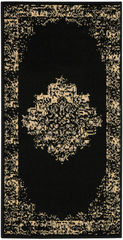 Black rectangular rug with a gold-beige ornate border and a central medallion in a traditional Persian style.