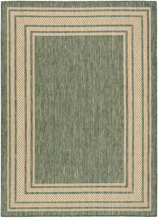 Green area rug with beige rectangular borders and diagonal-striped frame, textured central field for contemporary living spaces.