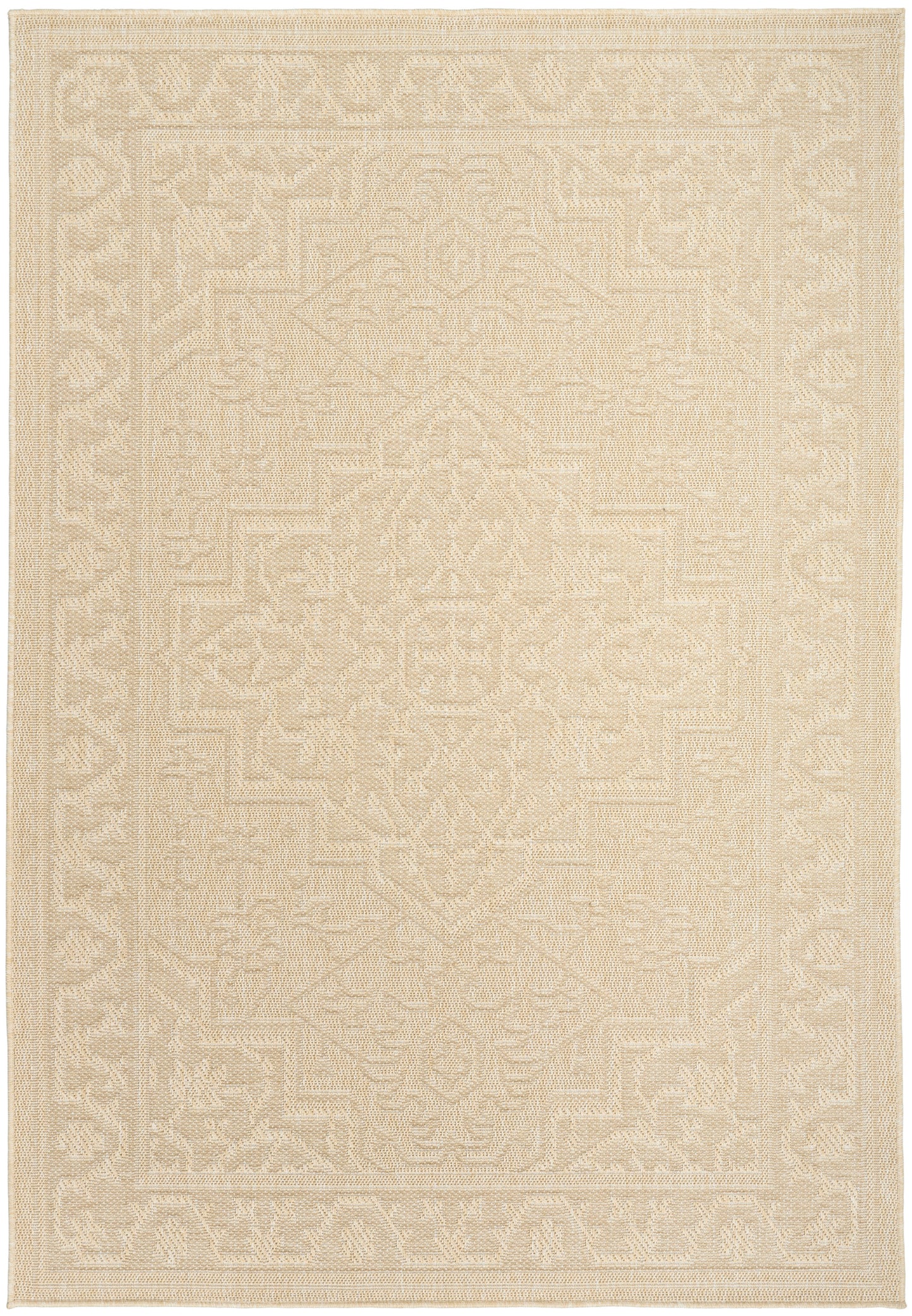 Beige woven area rug with a subtle ivory central medallion and geometric floral border in a traditional oriental style.
