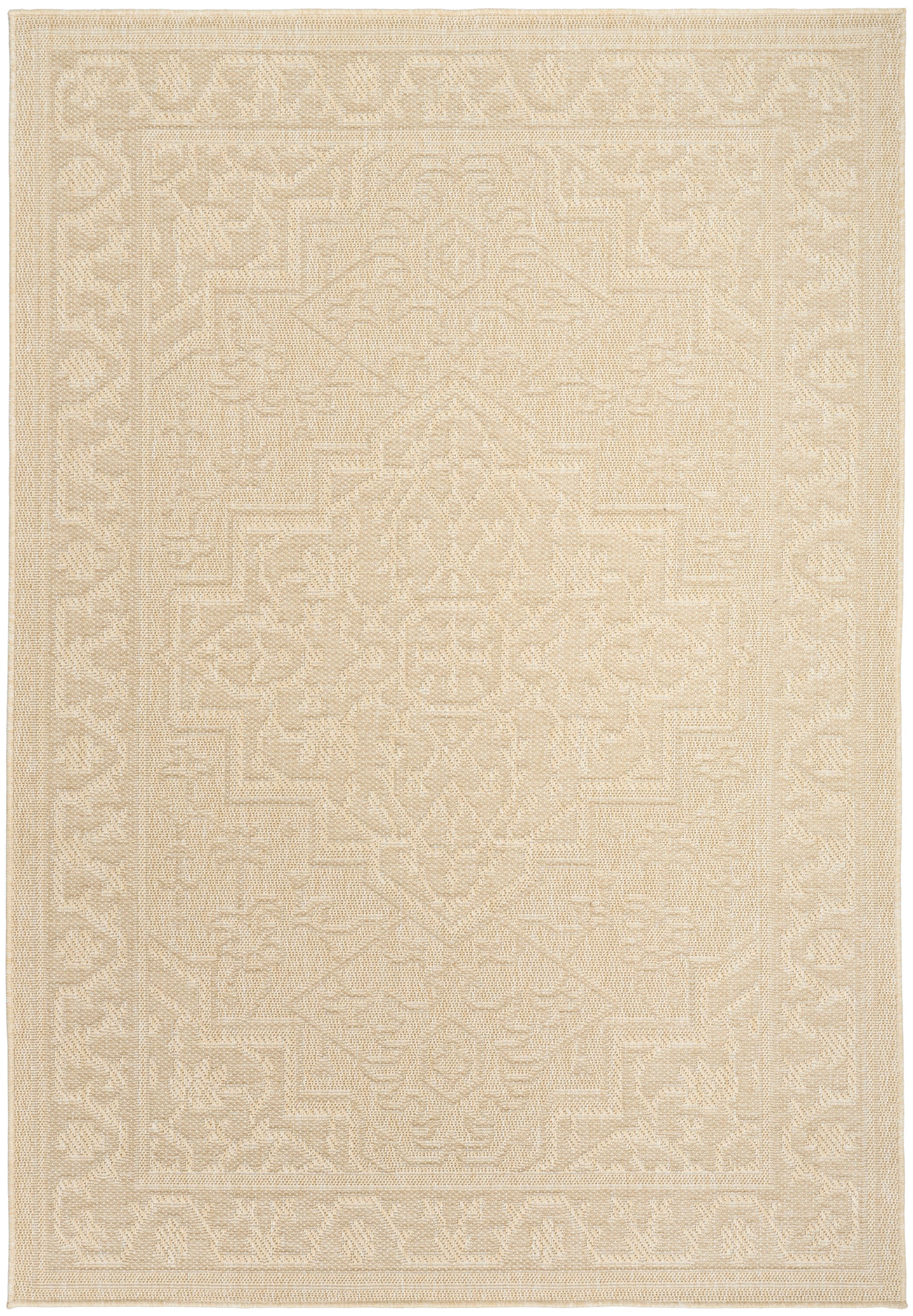 Beige woven area rug with a subtle ivory central medallion and geometric floral border in a traditional oriental style.