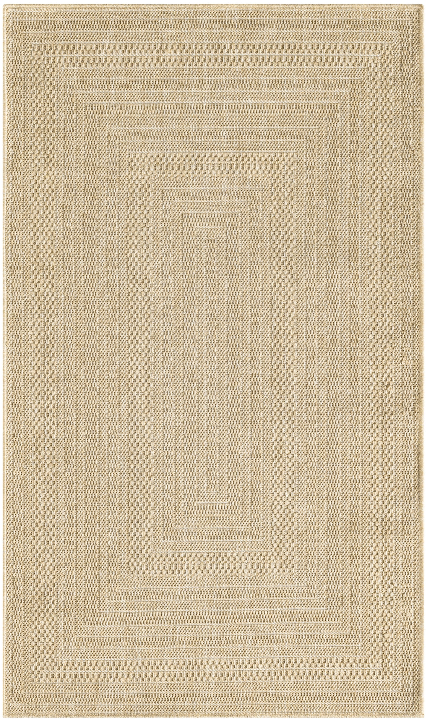 Beige rectangular woven rug with concentric rectangle pattern; natural fiber flat weave, textured casual decor.