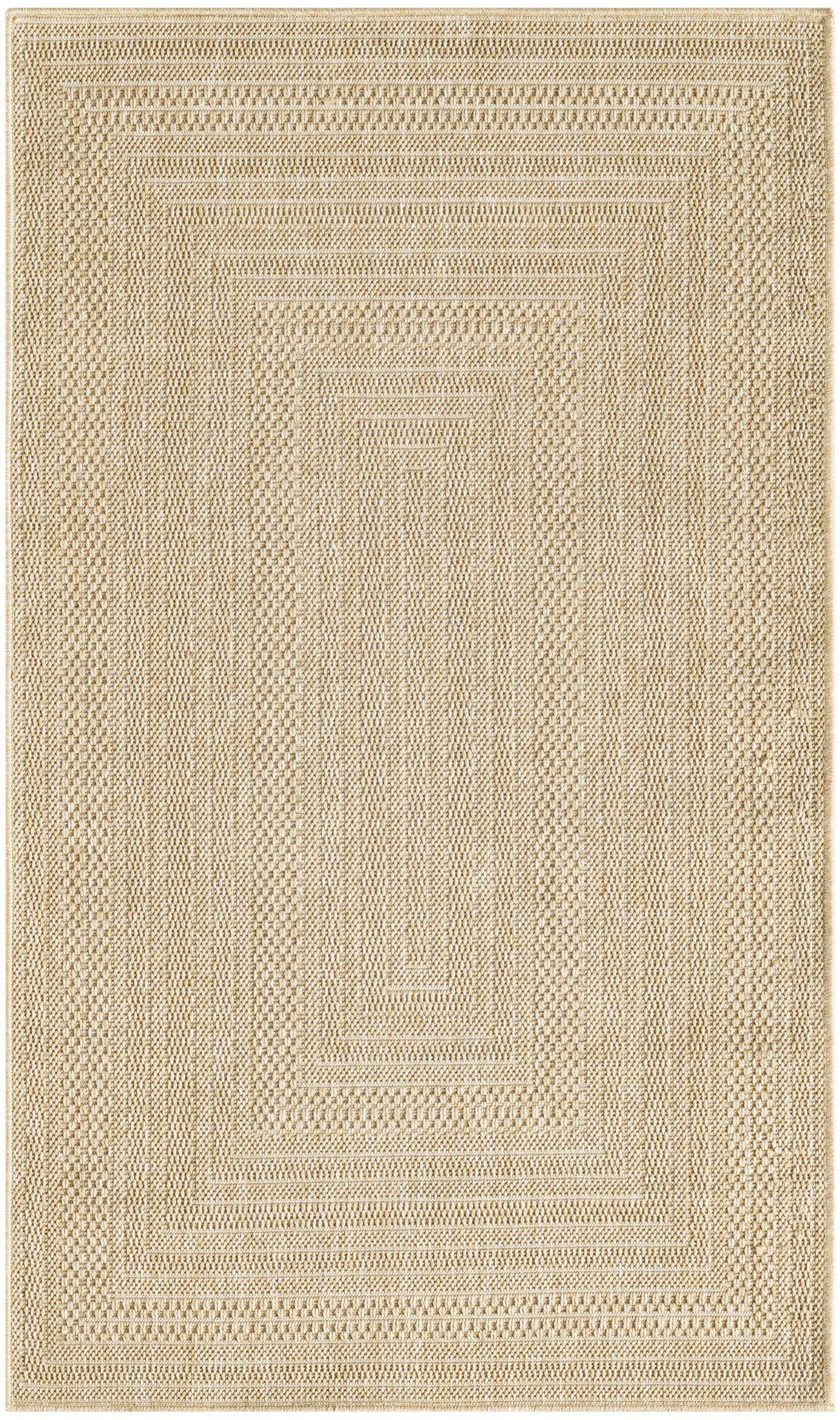 Beige rectangular woven rug with concentric rectangle pattern; natural fiber flat weave, textured casual decor.